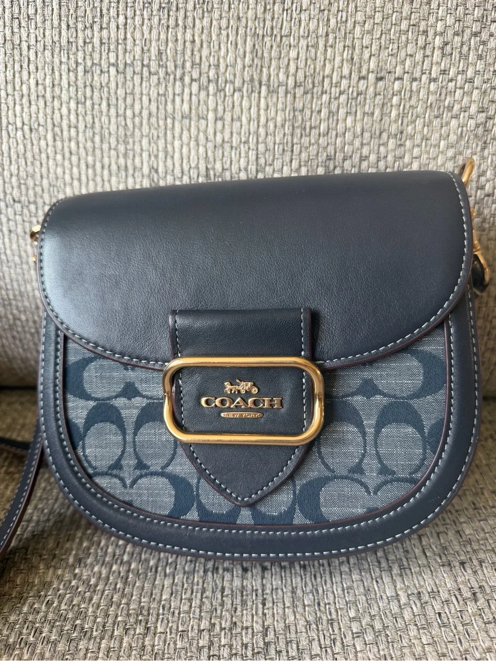 Coach Navy Signature Saddle Crossbody with Gold Hardware
